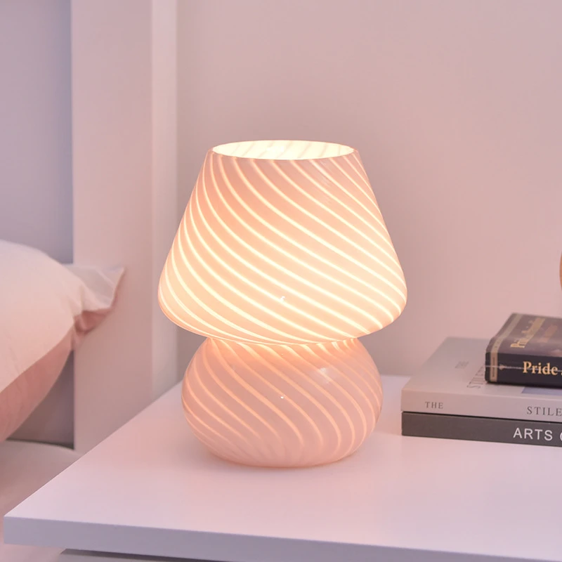 Ins Creative Glass LED Lamp Bedroom Bedside Table Night Light Striped Frosted Mushroom Table Simple Decoration Cute Translucent