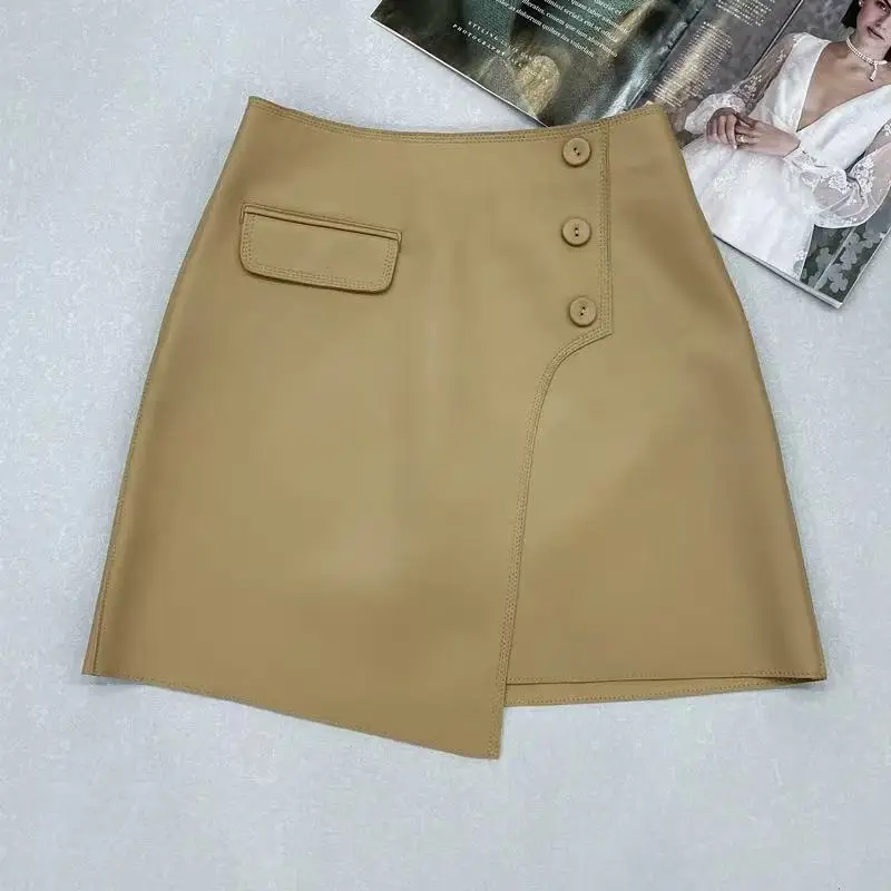 Women's Skirt Spring Autumn Women Sheepskin White/Coffee /Khaki Irregular A-Line Short Real Leather Mini Skirts Saia Feminina
