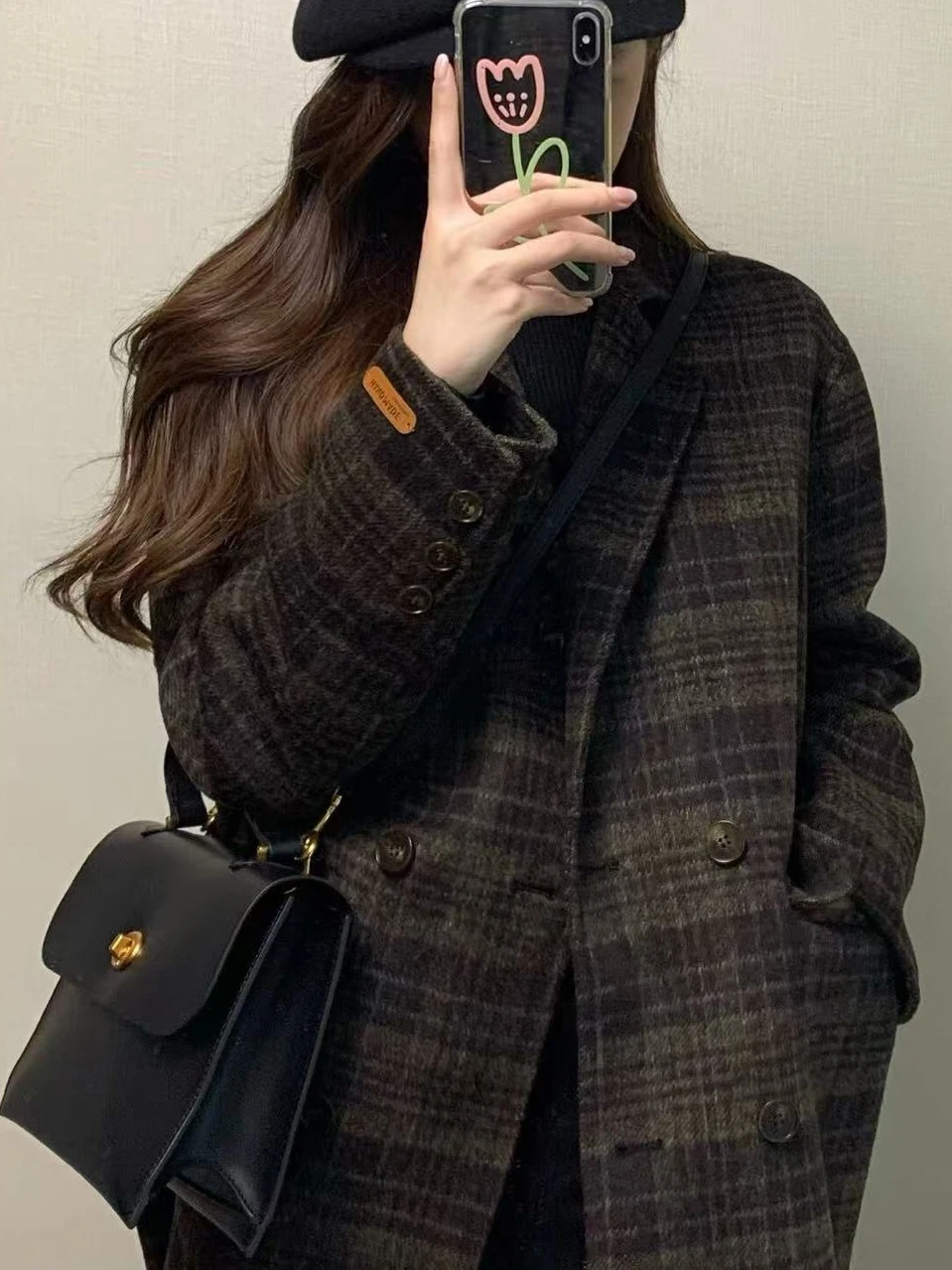 

Ele Plaid Woolen Coat Women's ort Sle Korean Faion Thiened Autumn Winter Outerwear High Quali Polyester Fiber