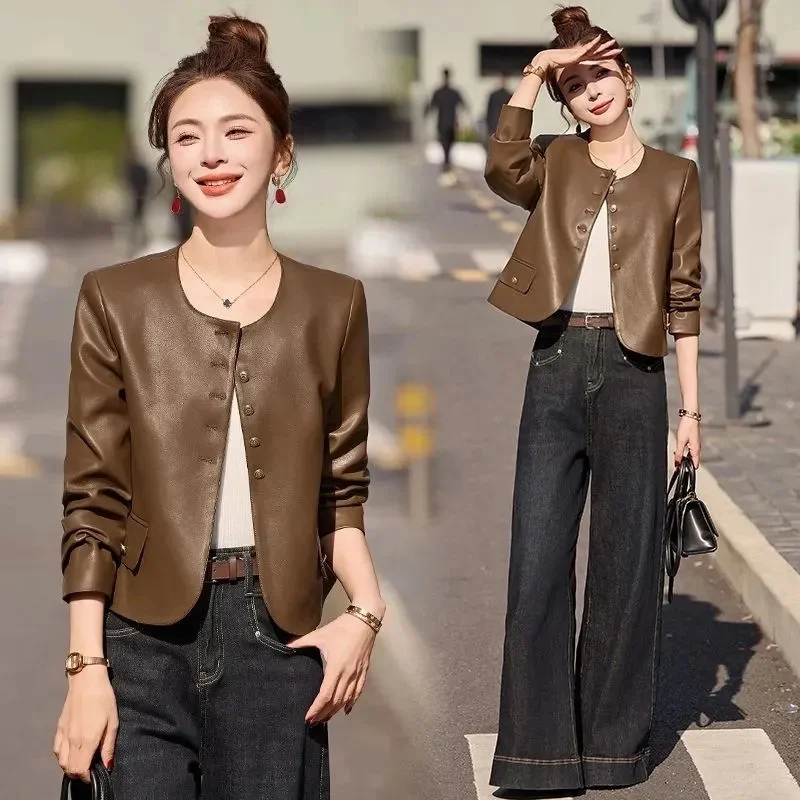 Chaqueta de cuero para mujer, abrigo corto de cuero informal con cuello redondo, moda Retro, primavera y otoño, 2026