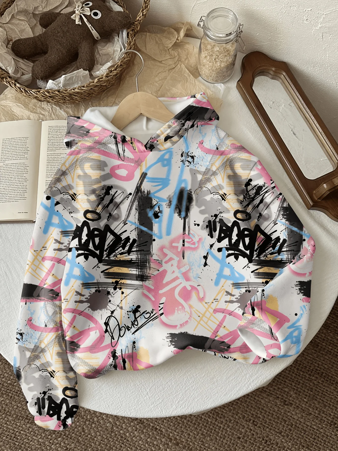 Y2K Pink Blue Graffiti Splash Ink Full Print Hoodie Loose Oversize Long Sleeve Retro Hip Hop Grunge Street Pocket Hoodie