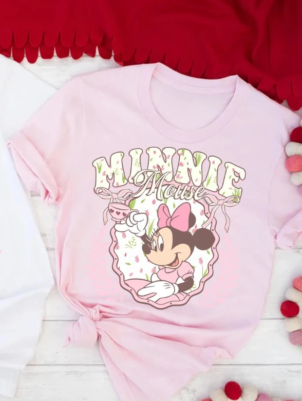2025 Summer Vintage Minnie Mouse Floral Pink Teacup Minnie and Daisy Disney Girlfriend Shirt 80s Vibe Shirt Girl Birthday Gift