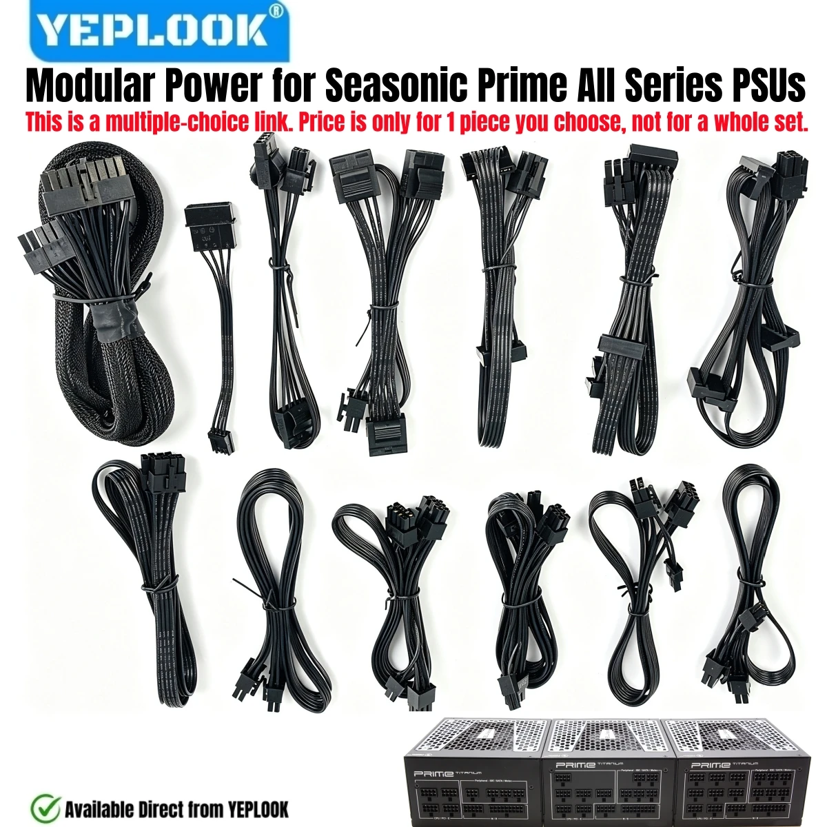 Modular Power Cable 24Pin/CPU/PCI-E/SATA/IDE for Seasonic PRIME Titanium/Platinum/Gold/SnowSilent 1300W, 1000W, 850W, 750W, 650W