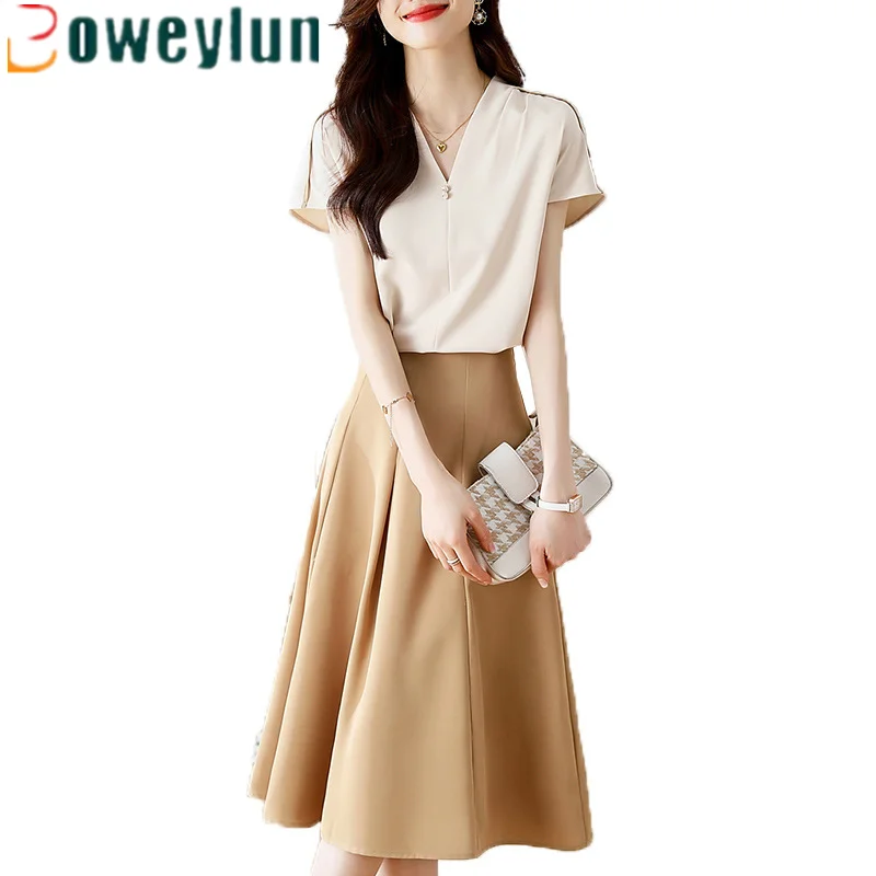 

Boweylun New Summer Fashion Skirt T-shirt Set Women Semi Dress Short Sleeve Two-piece Set