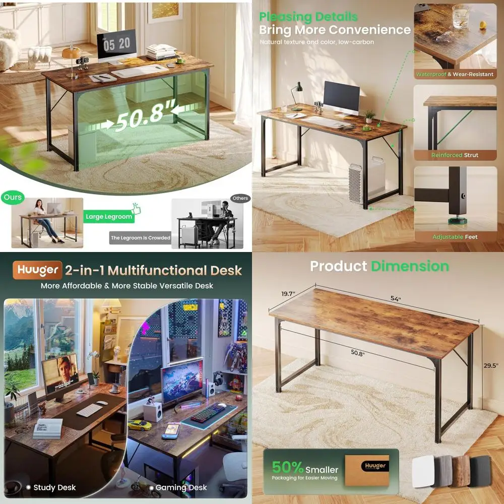 

55 Modern Rustic Brown Home Office Desk with Ample Leg Space, Sturdy Metal Frame for Gaming & Studying
