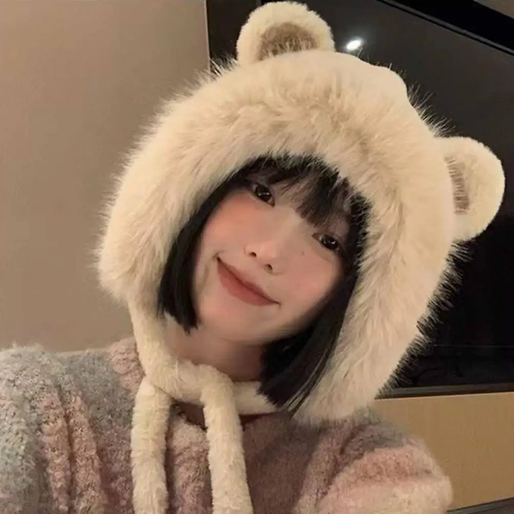 

Lace-up Design Winter Hat Women Plush Hat Soft Fuzzy Women's Plush Hat with Cute Bear Ears Windproof Warm for Autumn for Girls'