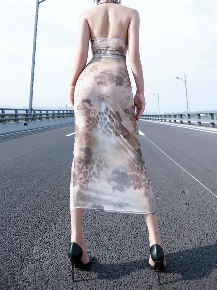 Tie-Dyeตาข่ายลูกไม้Sheerชุดบางโปร่งใสVคอร้อนเซ็กซี่พิมพ์ตาข่ายบุคลิกภาพชุดยาวElegantผู้หญิง