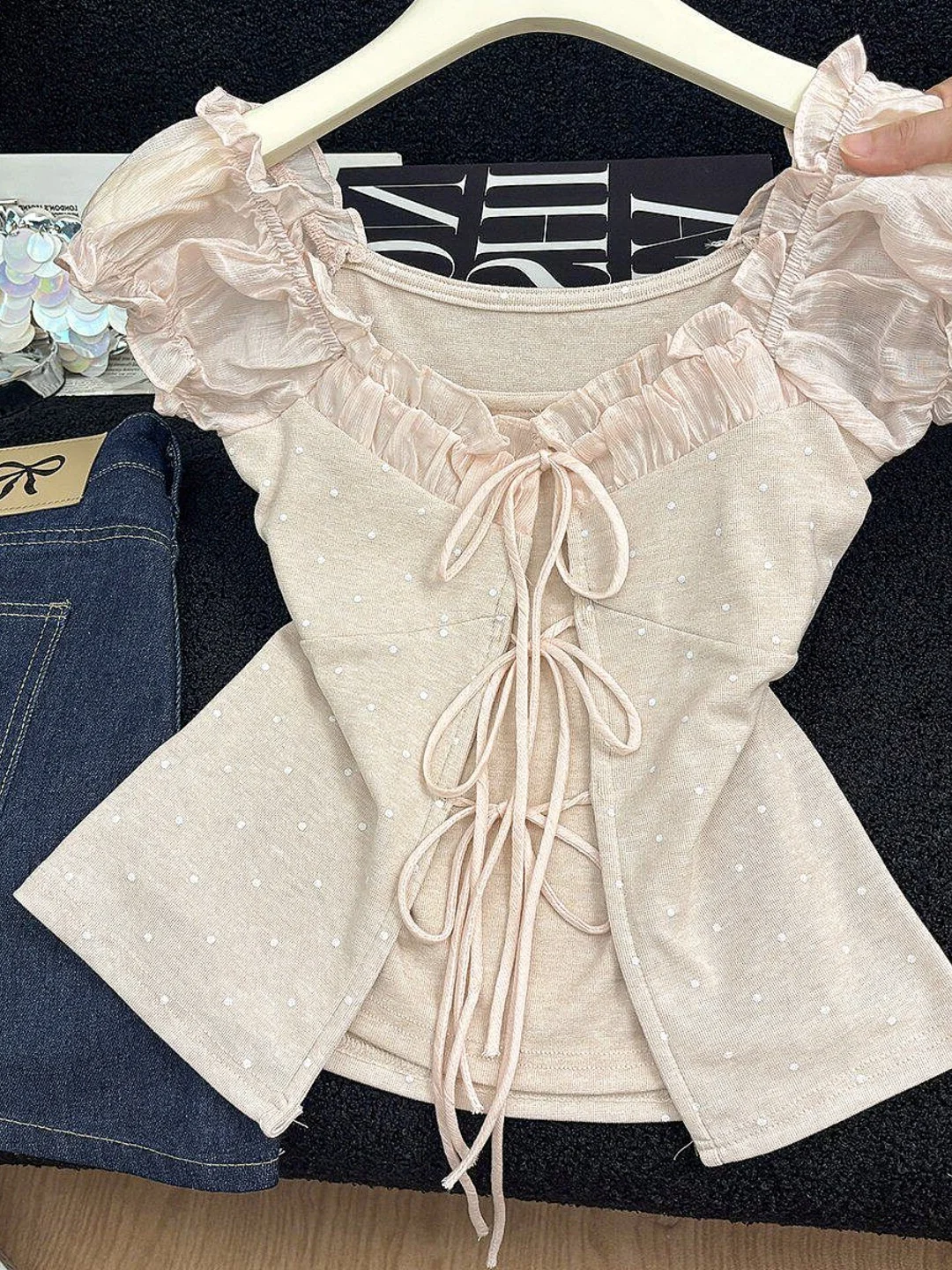 

Sweet And Spicy Polka Dot T-Shirt Women's Slim Fit Bubble Sleeve Fake Two-Piece Bow Knot Summer New Style Charming Top