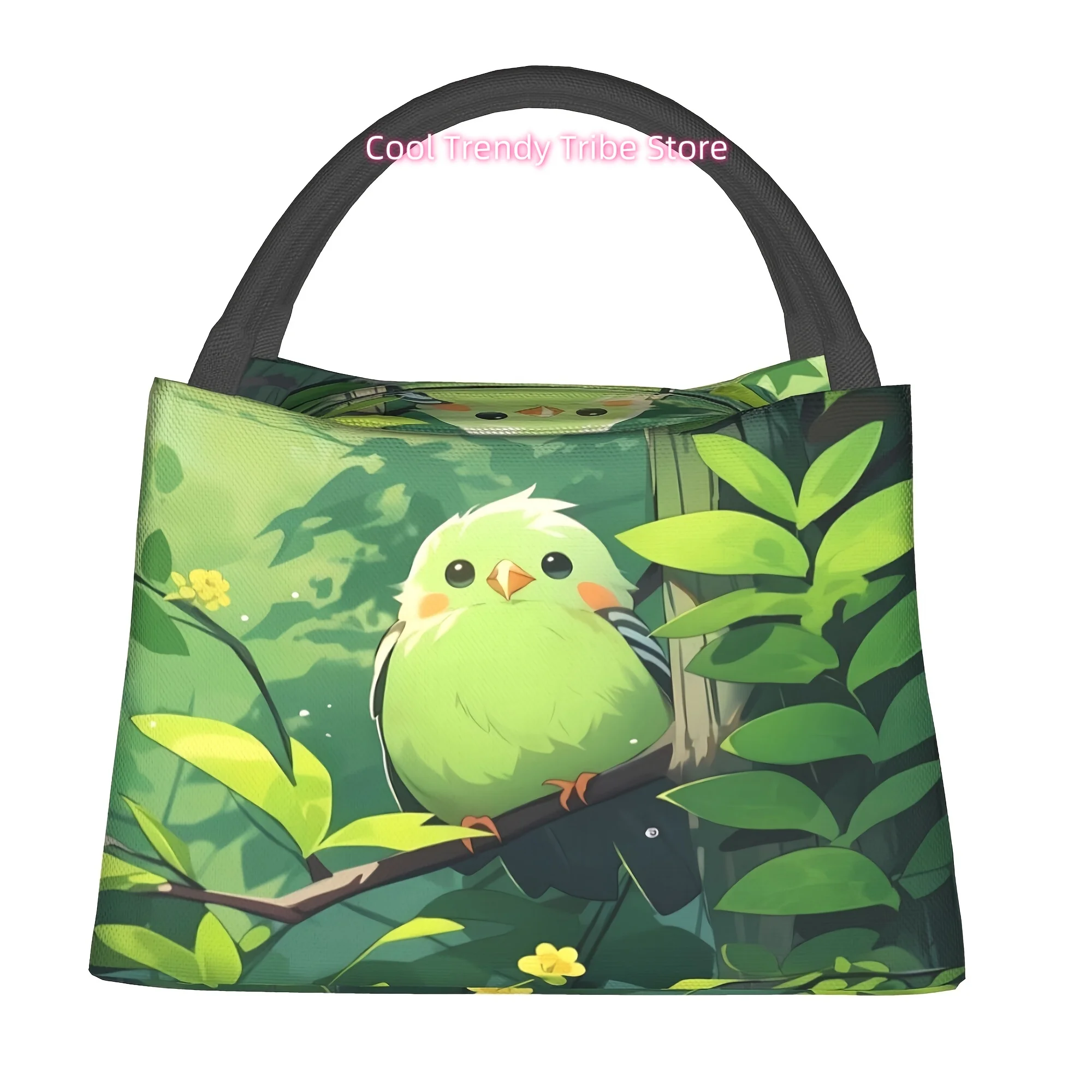 Spring, green bird pattern, portable reusable cold bag, thermal lunch bag, camping picnic beach suitable for home, r
