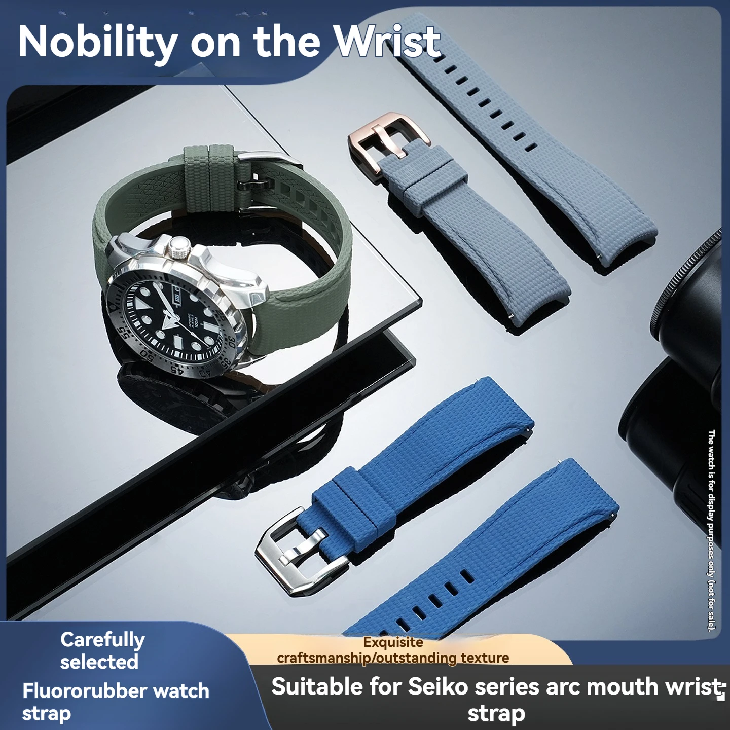 Quick-Release Fluorocarbon Rubber Strap with Curved Ends and Embossed Nylon FKM for Citizen, Longines, IWC, Omega, and Casio