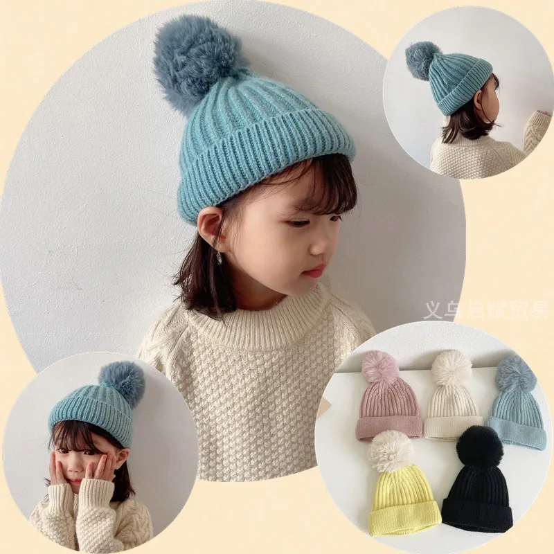 1-4 Year Baby Autumn Warm Chic Simplicity Hat with Furry Ball Candy Color Fashion Kids Beanie Winter Knitted Crochet Bonnet