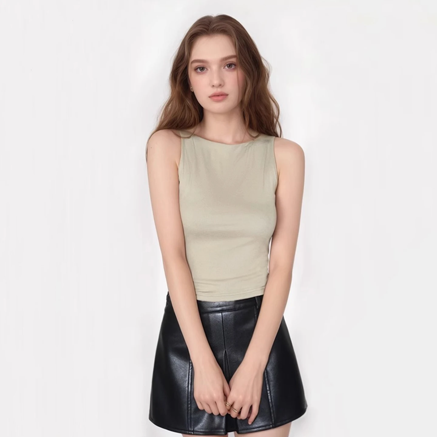 Summer women's boat neck slim fit vest, street solid color cotton vest top new style