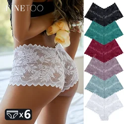 FINETOO 6PCS Women Sexy Lace Boyshort Hollow Out Floral Panties Female Low Waist Transparent Underpants Invisible Lingerie S-XL