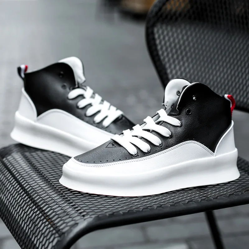 

Модная мужская кожаная повседневная обувь, трендовые высокие туфли для скейтбординга на плоской подошве, крутые кроссовки на толстой подошве