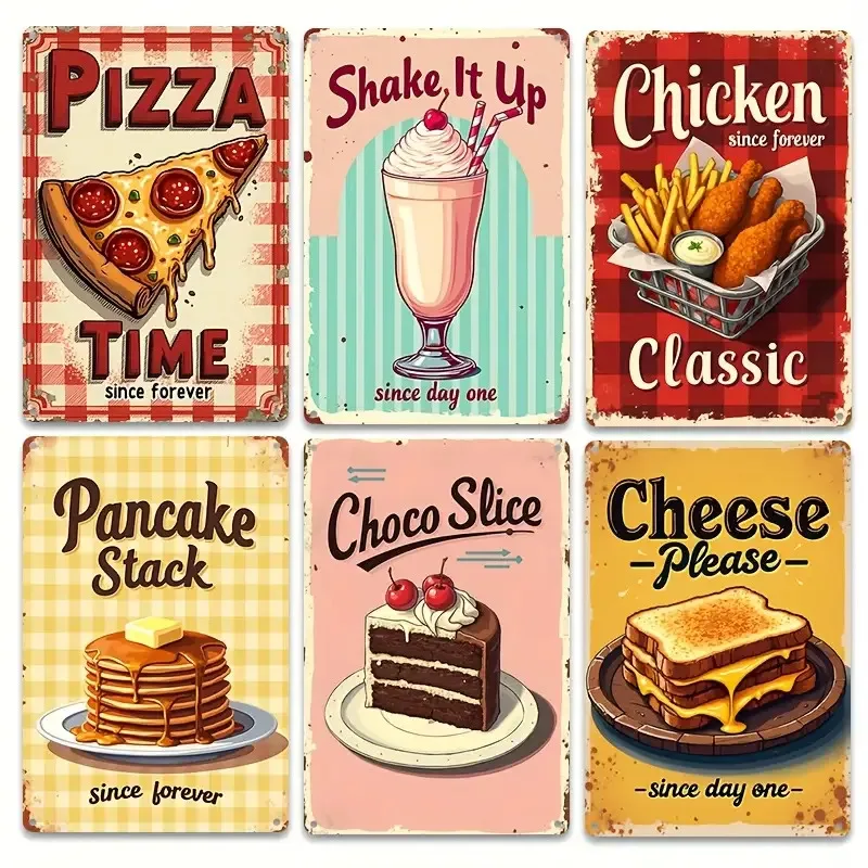 2D Flat Retro Food Themed Metal Wall Decor, Set of 6 - 8X12 Inch Handmade Vintage Signs, Featuring Pizza, Smoothie, Chicken, Pan