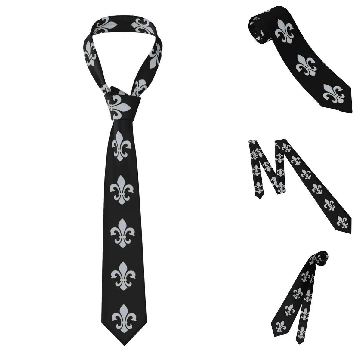 Fleur De Lys In Silver And Gold Border Necktie for Men Silk Polyester Slim Neck Ties Party Accessories Tie Classic Gravatas