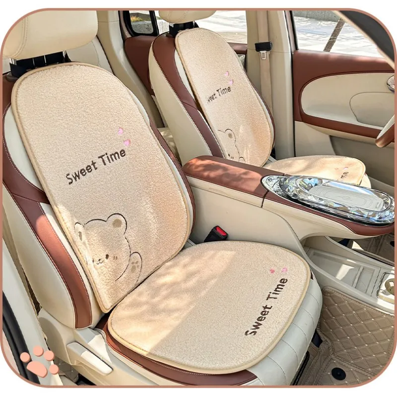 

New Cute Cartoon Bear & Rabbit Plush Car Seat Covers Soft Fluffy Warm Winter Cushion Pad Auto Interior Decor Accessories