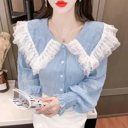 Sweet Peter Pan Collar Lace Folds Princess Sleeve Shirts Female Clothing 2024 Spring New Loose Korean Tops Office Lady Blouses