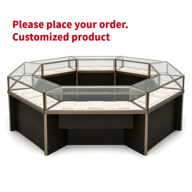 custom.Black Octagon Jewellery Counter LED Glass Display Showcase Matching Wall Cabinets Complete Jewelry Store Kit