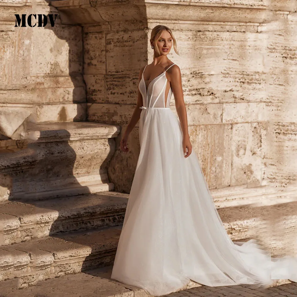 

MCDV Sparkling Wedding Dresses 2025 A-Line Spaghetti Straps Backless Glitter Bride Gowns Elegant vestidos de novia Customized
