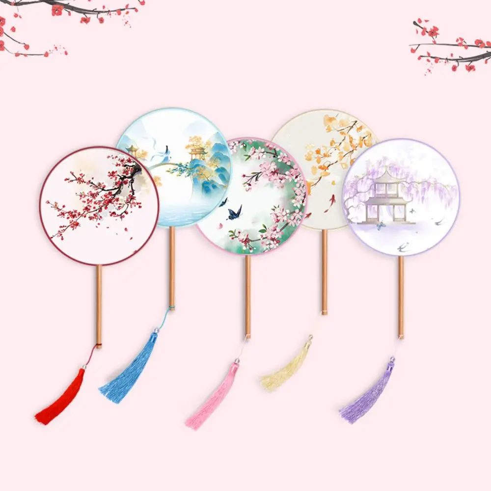 Chinese Style Round Hand Fan Ink Painting Ancient Dance Silk Fan with Tassel Long Handle Embroidery Fan for Dance