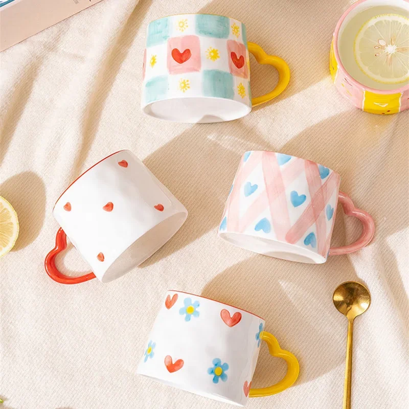 Ceramic Mug Creative Cute Hand-Painted Love Heart Coffee Cup Milk Oatmeal Breakfast Afternoon Tea Cup Valentine's Day Present