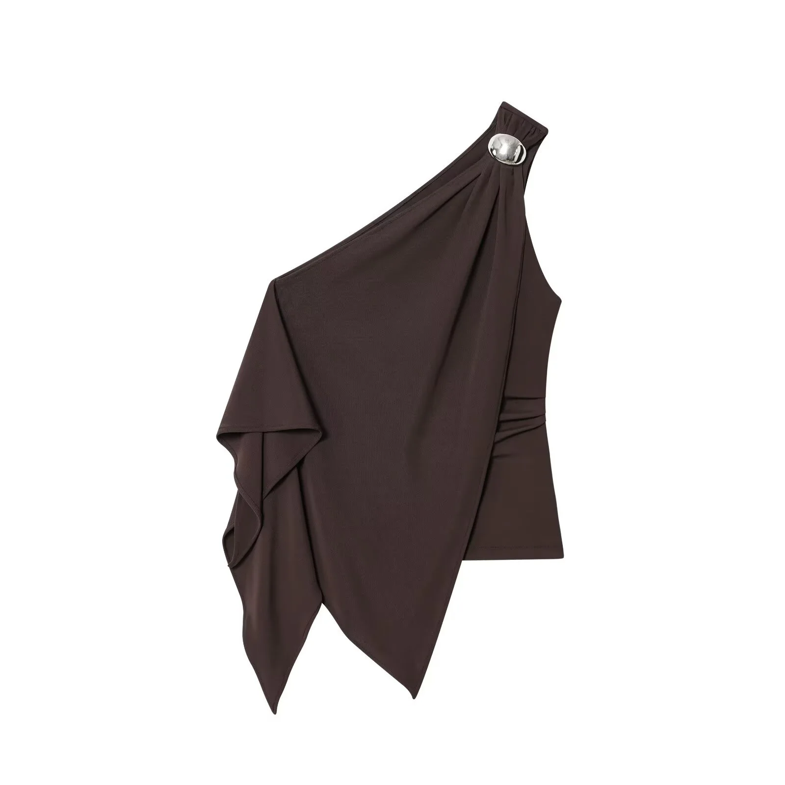 

PB&ZA2025 women's summer new fashion all-match temperament oblique shoulder buckle decorative crepe asymmetrical top