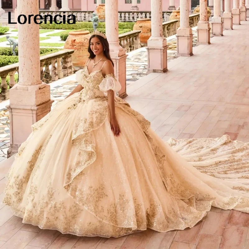 Lorencia Lavender Lialc Quinceanera 원피스 볼 가운, 스파게티 레이스 아플리케 크리스털 구슬 장식, 달콤한 16 베스티도 드 15 Aenos YQD686