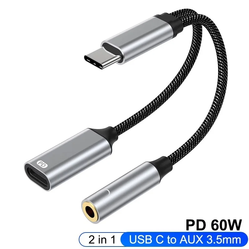 2 In 1 Type C Audio Headphones Adapter PD 60W Fast Charging Cable Dongle USB C to 3.5mm Jack Aux Audio Cable For iPhone Huawei
