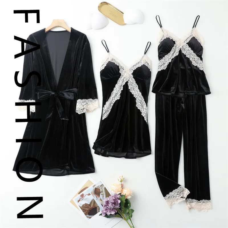 

Золотая бархатная пижама, женская осенне-зимняя сексуальная кружевная пижама из четырех предметов с нагрудником, ночная рубашка на подтяжках, ночная рубашка с длинными рукавами