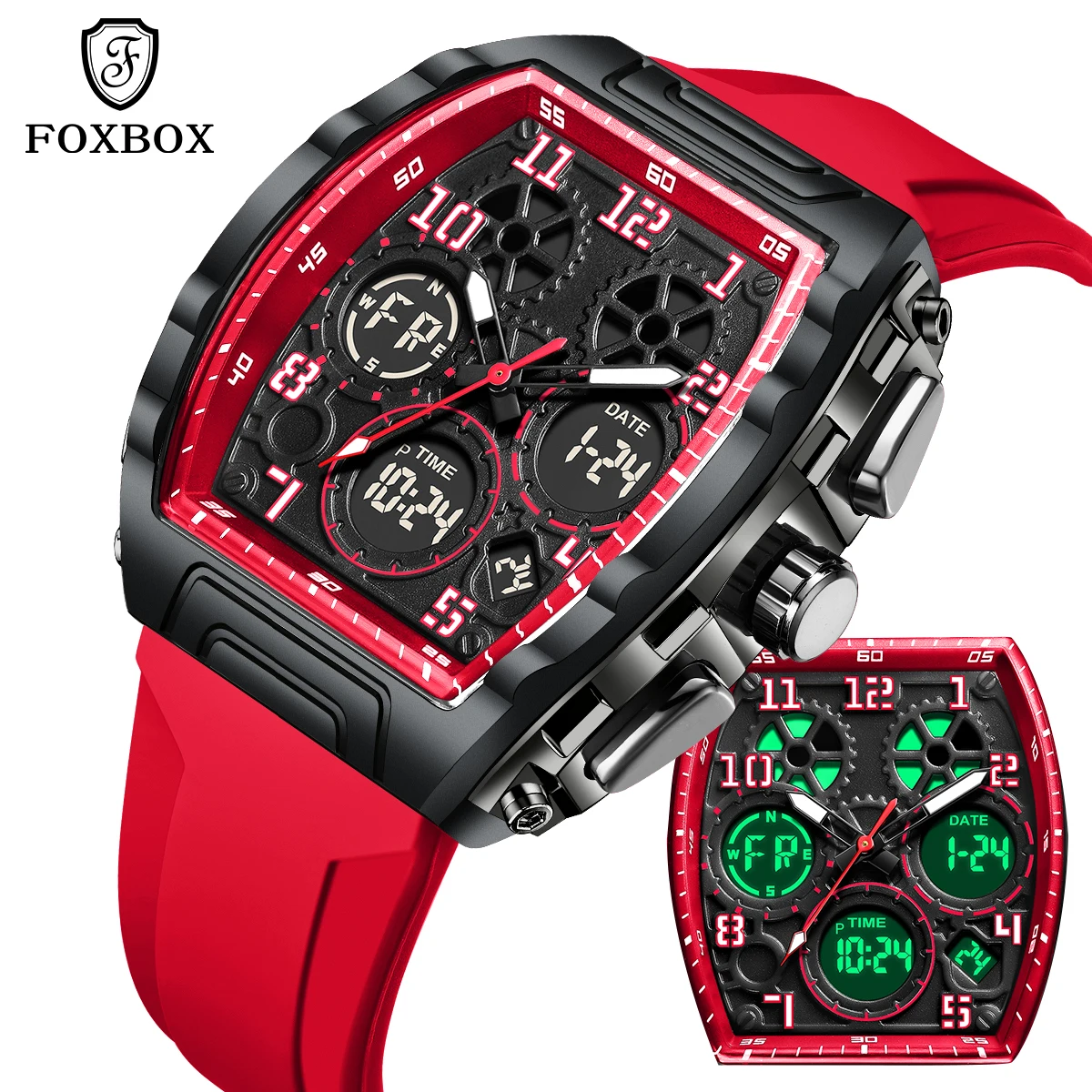 FOXBOX Men's watches Luminous Silicone Tape Waterproof Double Display Military clock mens wristwatch quartz relogios masculino