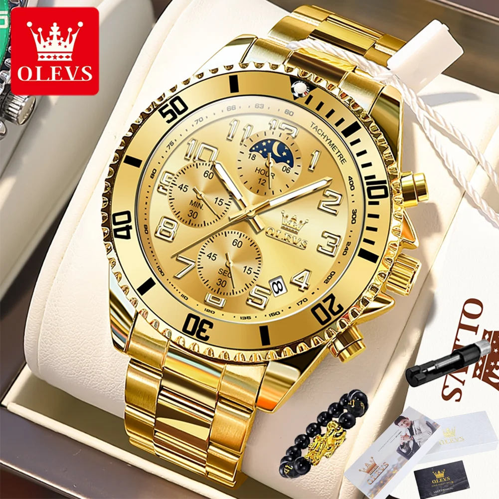 

OLEVS 2926 Men's Watch Luxury Brand Gold Waterproof Calendar Moon Phase Chronograph Top Fashion Stainless Steel Men Quartz Watch