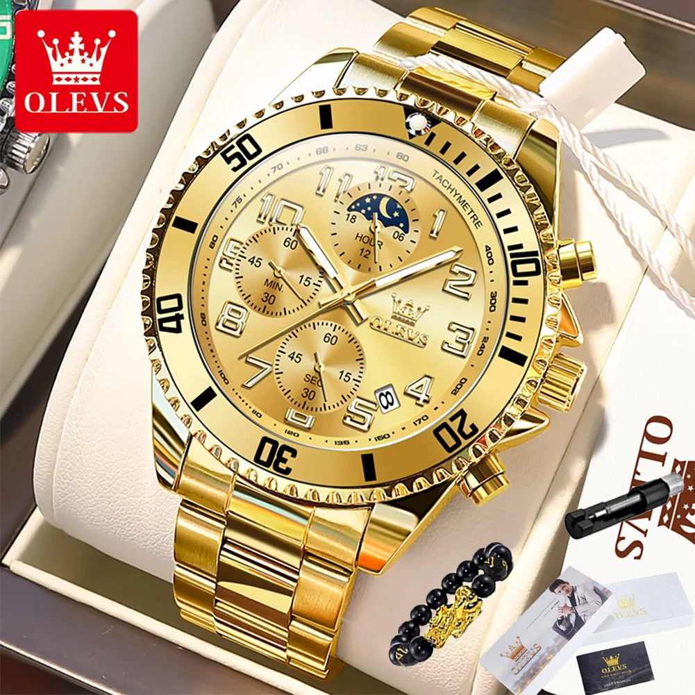 OLEVS 2926 Men's Watch Luxury Brand Gold Waterproof Calendar Moon Phase Chronograph Top Fashion Stainless Steel Men Quartz Watch