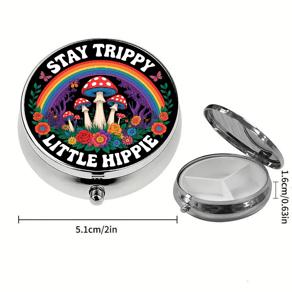 1-Pack 2D Pill Organizer with a Vibrant Rainbow Mushroom and Flower Design, Divided into Three Compartments. It Is a Portable Medicine Box That Meets Food Safety Standards and Is Easy to Fit into Your Wallet or Purse.