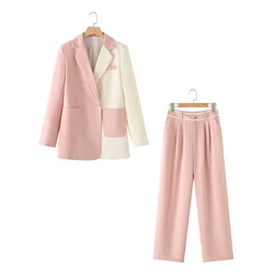 PB&ZA 2024 Spring New Women's Fashion and Elegance Commuting Versatile Color Block One Button Wide Leg Pants Set