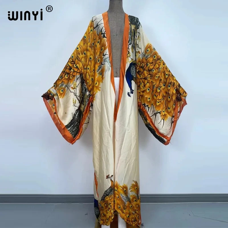 WINYI 2022 été femmes Cardigan point Cocktail sexy Boho Maxi vacances africaines manches chauve-souris soie sensation Robe kimono caftan