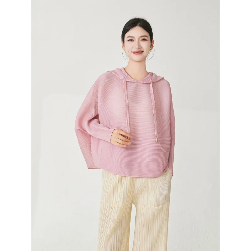 Miyake Pleated Sweatshirt Top for Women  Autumn New Loose Plus Size Casual Versatile Hooded Jacket [2574zsj-Z5088]