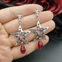 Gothic Halloween Pentagram Earrings Punk Red Drop Earring Retro Silver Color Crystal Cross Piercing Ear Jewelry Female