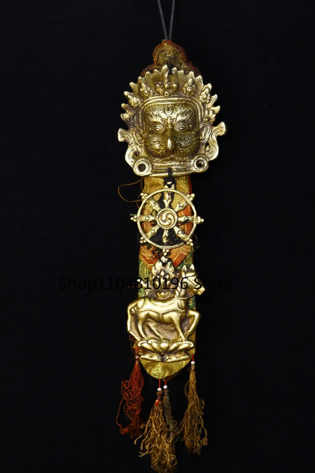 Bronze Cinnabar Mahakala Head Mask Horse Buddha Card prayer flags Pendant Amulet