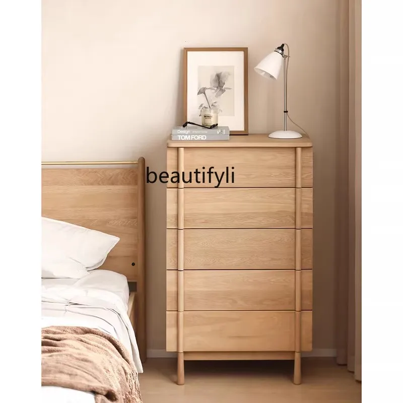 White Oak Solid Wood Chest of Drawers Japanese Retro Black Bedroom Storage Five-Drawer Locker TV Cabinet Side Cabinet