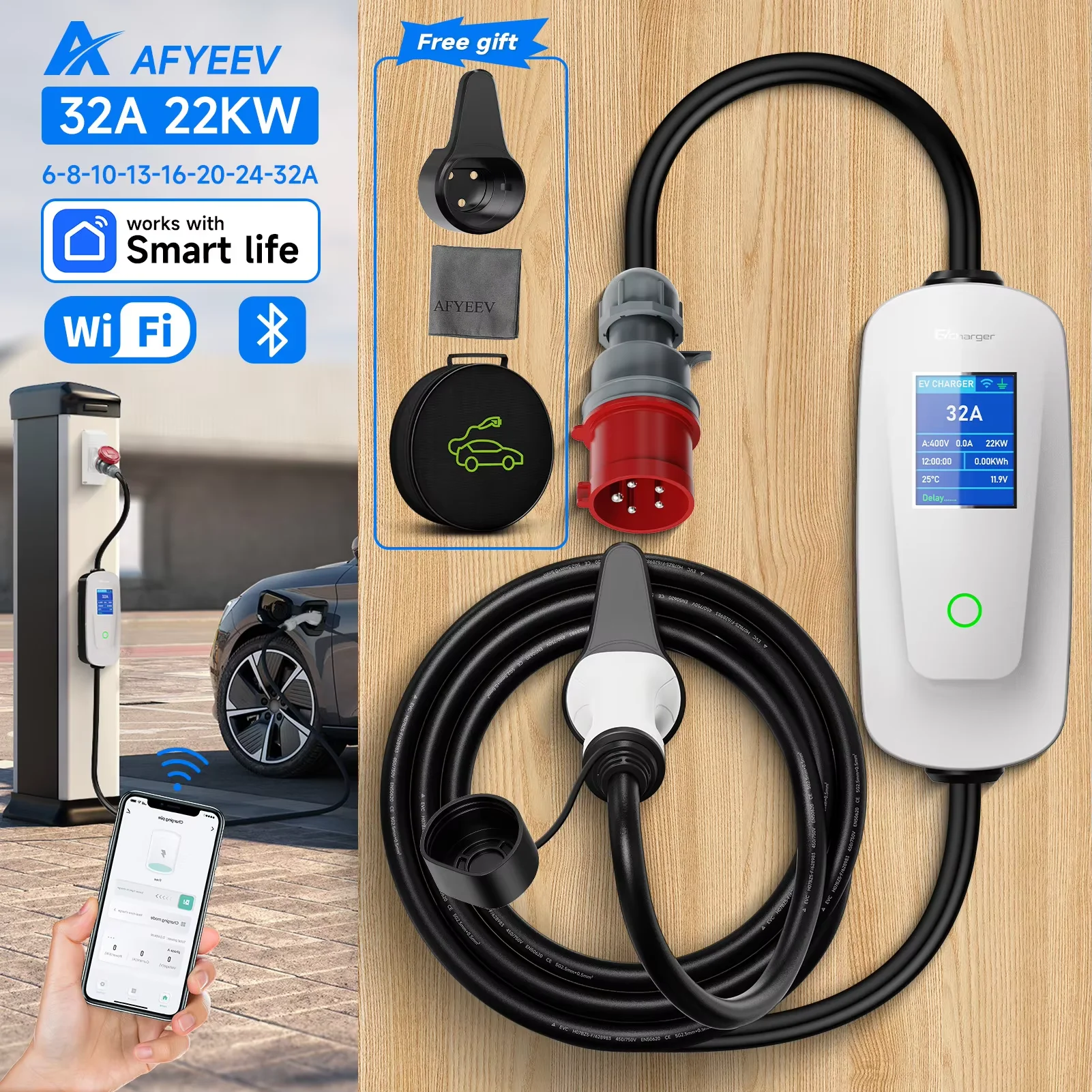 AFYEEV 22KW 32A 3Phase Type2 Portable EV Charger Wi-Fi APP Control GB/T EVSE Charging Box Charging Station For Electric Car