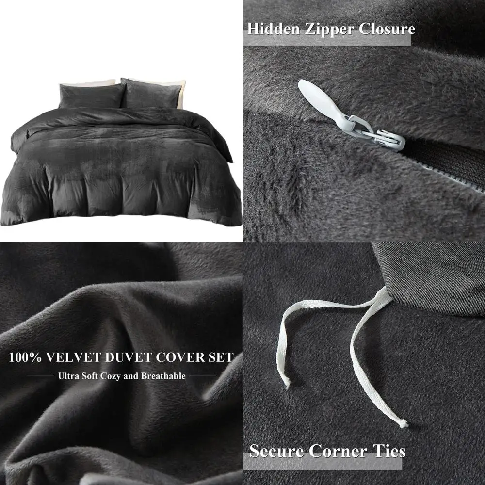 

Charcoal King Velvet Duvet Cover Set - 3 Piece Ultra Soft, Breathable Flannel Velour, Zippered Closure with Corner Ties