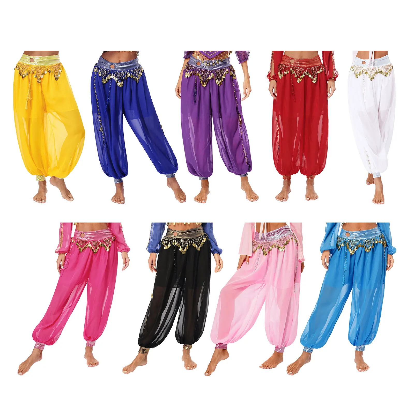 Women Belly Dance Pants Carnival Party Costume Chiffon Plastic Beads Tassels Bloomers Metallic Ruched Waistband Side Split Pants