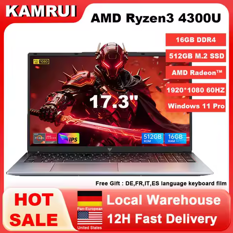 KAMRUI Laptop 17.3" Ultar Slim AMD Ryzen 3 4300U 16GB DDR4 512GB M.2 SSD Max 3.7GHz Radeon 4K 1920P FHD Win11pro Wifi5 Notebook