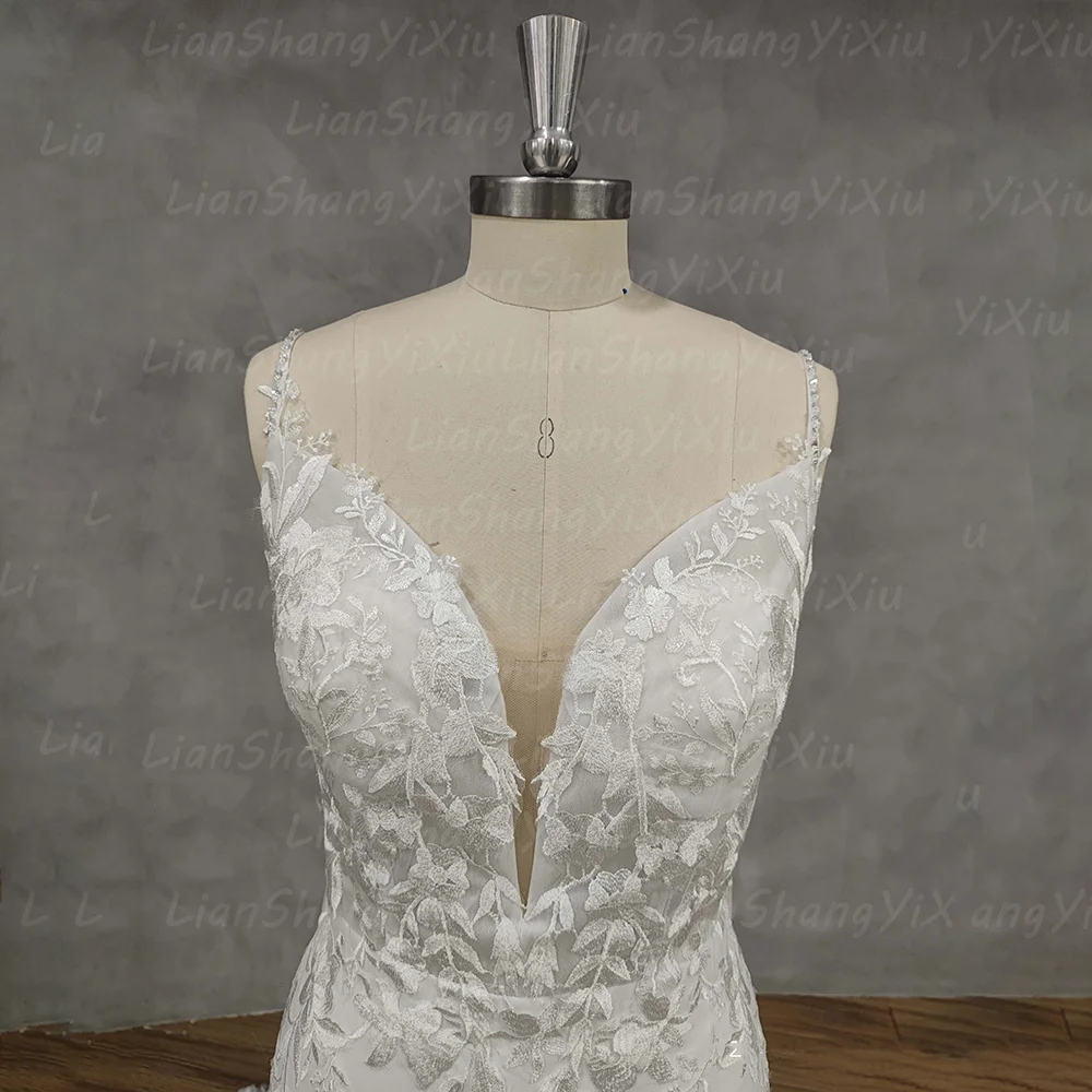 Elegant Mermaid Wedding Dress Spaghetti Straps Deep V Neck Lace Appliques Backless Buttons Chapel Train Satin Bridal Gown Custom image 5