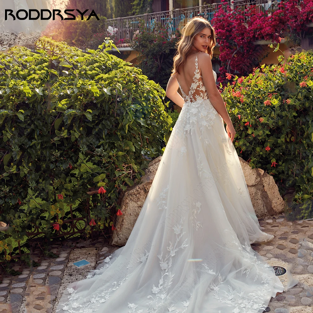 RODRSYA Modern Wedding Dresses Sleeveless V-Neck Backless Spaghetti Straps Vestidos de Noiva RODDRSYA Vestidos de casamento modernos mangas V-Neck Backless Spaghetti Vestidos de noiva A Linha Applique Vestidos De Novia