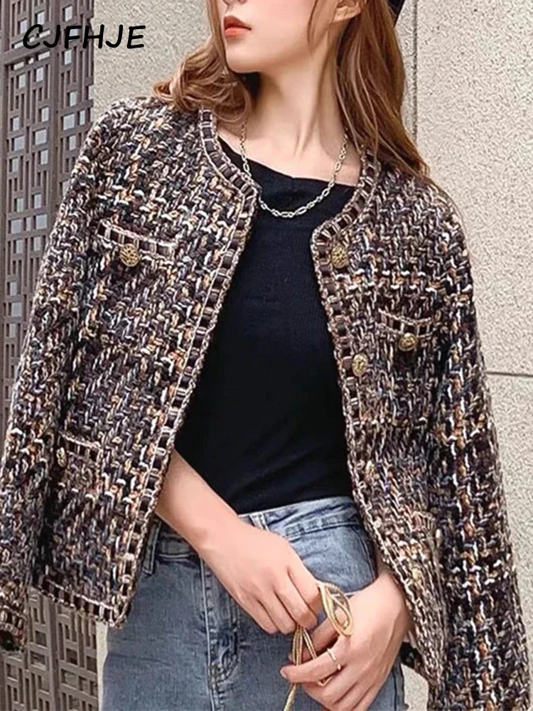 Cjfhje harajuku Winter Tweed Anzug Jacke Frauen grün kariert O-Ausschnitt Langarm Knopf bis High Street Vintage elegante Dame Blazer