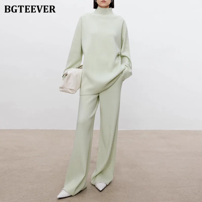 BGTEEVER Autumn Winter Knitted Trousers Set Women Long Sleeve Half Collar Pullovers Female Wide Leg Pants Women Sweater Outfits