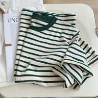Vintage Green Striped Short Sleeve T-shirt Women's Loose Fit Slimming Cotton Versatile Base Layer Top For Students Summer