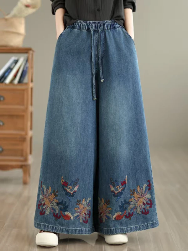 

Ethnic Style Heavy Embroidery Straight Leg Jeans Women's Loose Casual Versatile Belted Wide Leg Pants Spring Summer New Arrival
